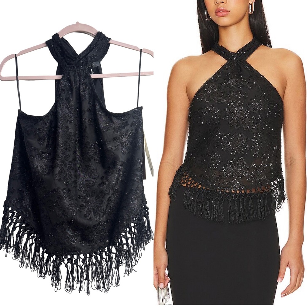 AQUA Fringe Halter Top Black Large Embellished Floral‎ Party Boho Festival NWT